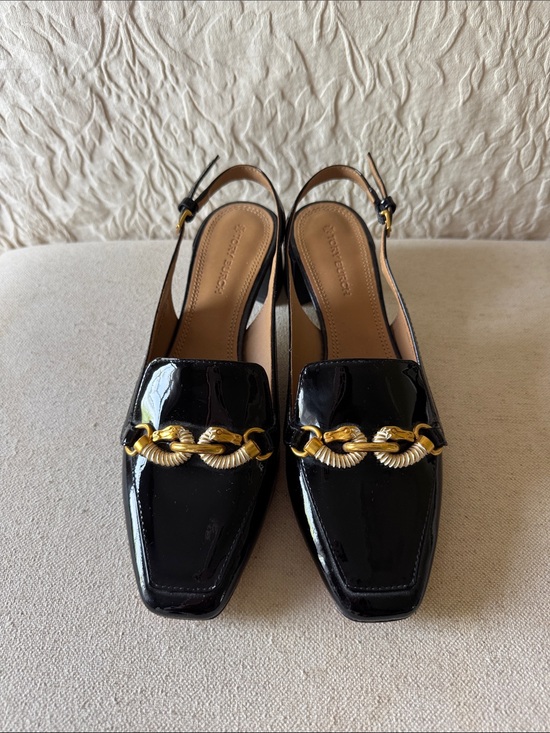 Tory Burch Shoes - Tory Burch Black Patent Leather Slingback Loafers with Gold Chain Detail